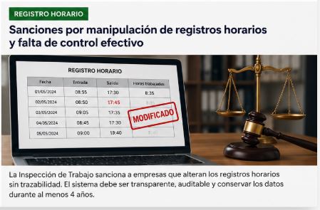 Sanciones por manipulación de registros horarios y falta de control efectivo.